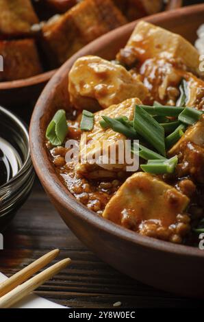 Piatto di tofu di Mapo di cagliata di soia che è tenuto in bacchette Foto Stock