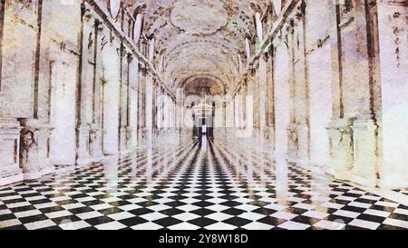 Illustrazione creativa della galleria Reggia di Venaria reale, Italia. Marmo di lusso nel Palazzo reale barocco Foto Stock