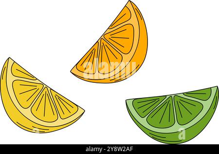 3 fette di agrumi limone, arancio e lime in colori vivaci alla moda Pop Art Elemento Day al limone e all'arancio. Schede illustrative vettoriali isolate, poster, opuscoli, banner, brochure, prezzo, etichetta o promozione web Illustrazione Vettoriale