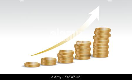 Le monete d'oro 3D impilano il grafico con una freccia sempre più brillante che simboleggia l'aumento dei profitti e la crescita finanziaria. Illustrazione Vettoriale