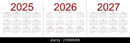 Griglia calendario per 2025, 2026 e 2027 anni. Semplice modello orizzontale in lingua russa. La settimana inizia da lunedì. Illustrazione vettoriale isolata attivata Illustrazione Vettoriale