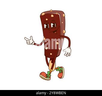 Gelato eschimese con un'atmosfera hippie funky, raffigurato in una posa giocosa. Gelato di papaveri fumetti vettoriali isolati con glassa al cioccolato e noci. Dessert estivo alla moda Illustrazione Vettoriale