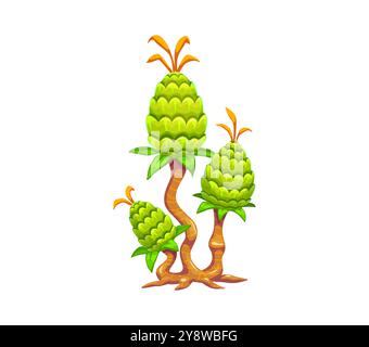 Pianta della giungla dei cartoni animati, paesaggio preistorico, risorsa di gioco ambientale dell'era dei dinosauri con molteplici strutture verdi simili a pineconi in cima ondulata, tronchi marroni a strisce, foglie verdi e punte di germoglio arancione Illustrazione Vettoriale