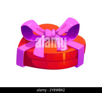 Scatola regalo a forma di cuore cartoni animati in rosso, decorata con un grande fiocco a nastro rosa. Pacchetto vettoriale isolato per occasioni romantiche come San Valentino o anniversari, simbolo di amore e affetto Illustrazione Vettoriale