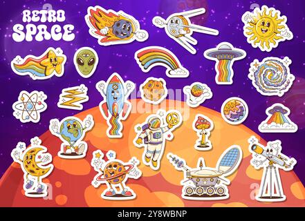 Confezione di adesivi per personaggi spaziali retrò cartoni animati. Sole vettoriale, stella con testa arcobaleno o aliena. Razzo, meteore, satellite e ufo, atomo o fulmine. Terra, luna, pianeta con anelli o astronauta Illustrazione Vettoriale