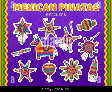 Adesivi con pinata messicana per feste natalizie con motivi latini e icone vettoriali. Adesivi messicani cartoni animati di pinata Lama, stella e cuore per la festa di compleanno e le festività del Messico Illustrazione Vettoriale