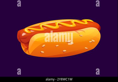 Pasto fast food con hot dog cartoni animati. Hotdog classico vettoriale isolato con una succosa salsiccia immerso in un soffice panino di semi di sesamo, sormontato da un vortice di senape. Delizioso snack da asporto o barbecue Illustrazione Vettoriale