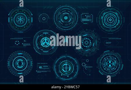 Barre grafiche circolari ed elementi futuristici HUD digitali di ci Fi UI, interfaccia al neon vettoriale. Elementi di interfaccia dello schermo HUD con barre digitali e grafici per l'interfaccia utente o il pannello GUI con pulsanti Illustrazione Vettoriale