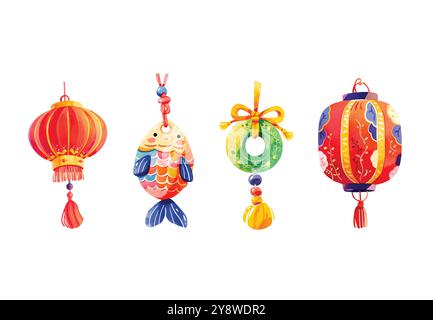Appendere lanterne di carta cinesi in rosso su uno sfondo isolato. Il cielo latterebbe. Vettore. Chinese Lunar New Year Snake 2025, clipart set vettoriale Illustrazione Vettoriale