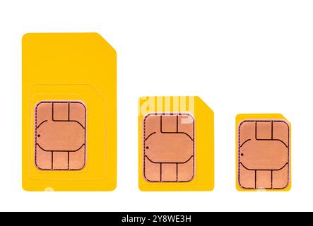 Schede mini, micro e nano SIM gialle isolate su sfondo bianco Foto Stock