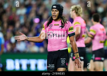 Sydney, Australia, 6 ottobre 2024. Jarome Luai dei Panthers reagisce durante il Grand Final match della NRL tra Panthers e Storm all'Accor Stadium il 6 ottobre 2024 a Sydney, Australia. Crediti: Pete Dovgan/Speed Media/Alamy Live News Foto Stock