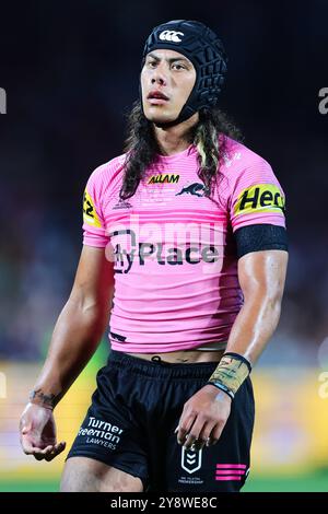 Sydney, Australia, 6 ottobre 2024. Jarome Luai dei Panthers guarda durante la Grand Final match della NRL tra Panthers e Storm all'Accor Stadium il 6 ottobre 2024 a Sydney, Australia. Crediti: Pete Dovgan/Speed Media/Alamy Live News Foto Stock