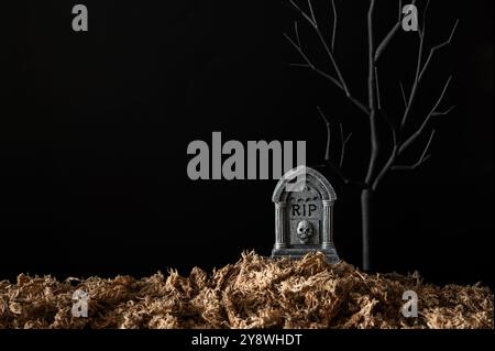 Sfondo di Halloween con lapide che hanno un albero nero con erba secca su sfondo nero. Concetto minimale. Foto Stock