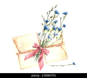 Bouquet di fiori selvatici legati con un fiocco rosso a una lettera vintage. Fiori di cicoria blu con erbe verdi prato. Messaggio d'amore, regalo clipart. Acquerello Foto Stock