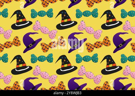 Festività natalizie Halloween con cappelli da streghe e caramelle colorate. Perfetto per design stagionali, decorazioni e feste. Illustrazione Vettoriale