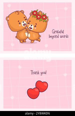 Biglietti di ringraziamento. Romantica coppia felice in amore orsi su sfondo rosa con cuore. Carini animali carattere kawaii. Poster orizzontali vettoriali isolati Illustrazione Vettoriale