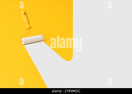 Rullo per pittura che dipinge una linea bianca su uno sfondo giallo, ideale per il miglioramento della casa o per annunci fai da te. Molto spazio per i messaggi. Foto Stock