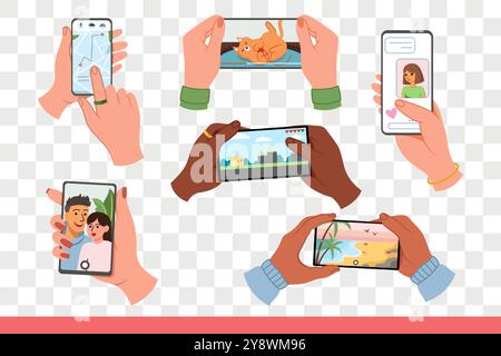 I telefoni cellulari e gli smartphone sono nelle mani di persone che si divertono a utilizzare le app. Utilizzo di smartphone per la navigazione in città e nei videogiochi, incontri online e chiamate via Internet agli amici. Illustrazione Vettoriale
