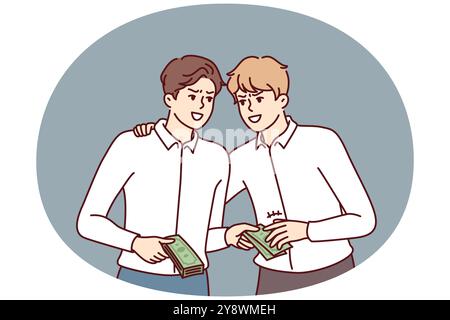 Uomo d'affari che spedisce i contanti al tipo per l'acquisto delle informazioni interne o segreti di affari dei competitori. Concetto di corruzione o di lobbying con la corruzione di funzionari pubblici o ispettori di controllo Illustrazione Vettoriale