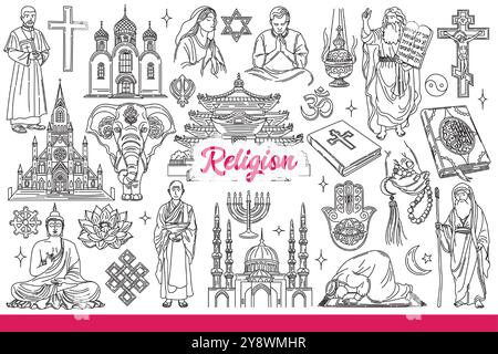 Le persone e gli oggetti religiosi di diverse fedi simboleggiano l'unità o la fede in dio. Simboli religiosi del cristianesimo e dell'islam o del buddismo e dell'ebraismo con l'induismo. Disegnato a mano. Illustrazione Vettoriale