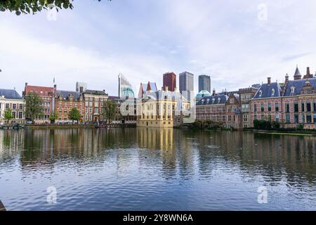 Vista della Hofvijver della galleria d'arte Mauritshuis e degli edifici che comprendono il Binnenhof, l'Aia, Paesi Bassi Foto Stock