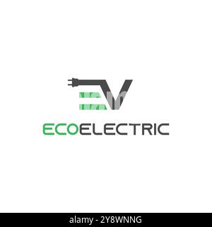 Logo EV Eco Electric Design lettera V modello vettoriale del logo della spina elettrica. Simbolo dell'energia rinnovabile Illustrazione Vettoriale