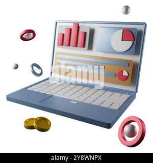 Interfaccia 3d per la strategia di analisi dei dati Web e la ricerca sui notebook. illustrazione del rendering dell'icona vettoriale di ottimizzazione seo 3d. Foto Stock