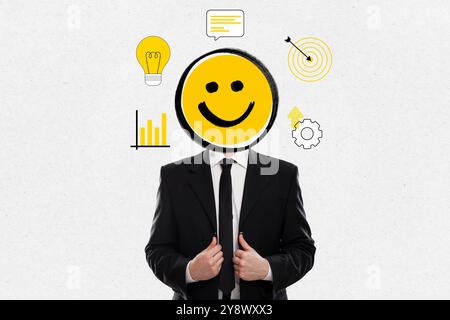 Uomo d'affari con un'emoji che sorride, circondato da icone del business, concetto di leadership, impiego e reclutamento Foto Stock