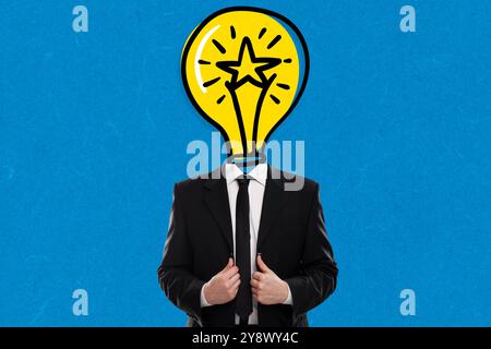 Uomo d'affari con testa a lampadina, leader, creatività e idee innovative, isolato su sfondo di carta blu Foto Stock
