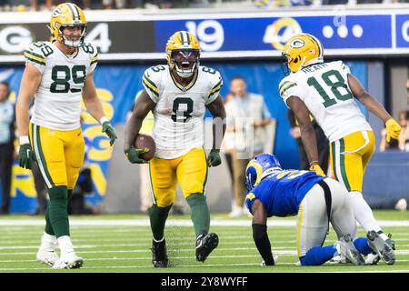 Los Angeles, Stati Uniti. 6 ottobre 2024. Il running back dei Green Bay Packers Josh Jacobs (C) reagisce dopo aver ricevuto un passaggio contro i Los Angeles Rams durante una partita di football al SoFi Stadium. Green Bay Packers 24:19 Los Angeles Rams. Credito: SOPA Images Limited/Alamy Live News Foto Stock