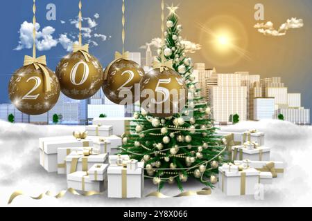 Illustrazione 3D. Anno nuovo 2025. Capodanno 2025 in numeri e con decorazioni natalizie. Palle all'albero di Natale Foto Stock