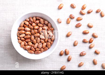 Fagioli di mirtilli rossi, fagioli Borlotti in ciotola bianca su lino. Color marrone chiaro, striato con varietà rossa del fagiolo comune Phaseolus vulgaris. Foto Stock