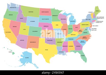 Gli Stati Uniti d'America, mappa politica multicolore con le sagome di 50 stati e i loro nomi, e con il Distretto federale della Columbia. Foto Stock