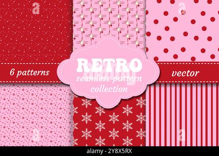 Motivo natalizio senza cuciture rosso e rosa con fiocchi di neve e pochette di polka. Vettore Illustrazione Vettoriale