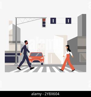 Pedoni che attraversano la strada in un'illustrazione vettoriale piatta che simboleggia la mobilità urbana, le norme del traffico e la sicurezza dei pedoni, isolati su bianco Illustrazione Vettoriale