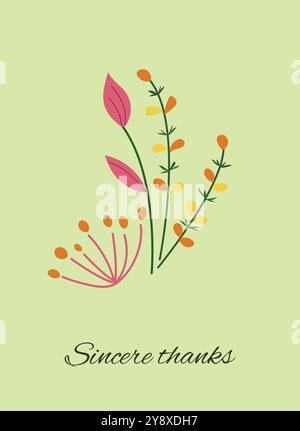 Bouquet di fiori estivi colorati per i saluti, la festa della mamma, i compleanni e le congratulazioni su uno sfondo verde. Sfondo per biglietti di auguri e. Illustrazione Vettoriale