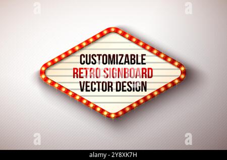 Grafica retrospettiva vettoriale o illustrazione Lightbox con design personalizzabile su sfondo pulito. Banner luminoso o cornice per lampadine Vintage Bright Illustrazione Vettoriale