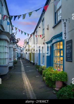 La mattina presto su Market Street, una delle tante stradine strette del pittoresco villaggio costiero di Appledore, nel Devon settentrionale. Foto Stock