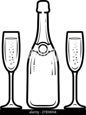 Disegno artistico di una bottiglia di champagne e due flute di champagne. Illustrazione vettoriale Illustrazione Vettoriale