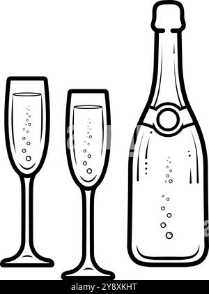 Bottiglia di champagne e due flauti clip art line. Illustrazione vettoriale Illustrazione Vettoriale