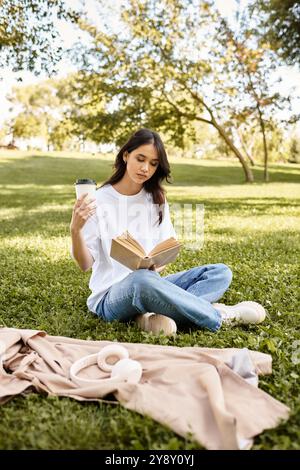 Una giovane donna legge intensamente mentre sorseggia un caffè in un tranquillo parco durante l'autunno. Foto Stock