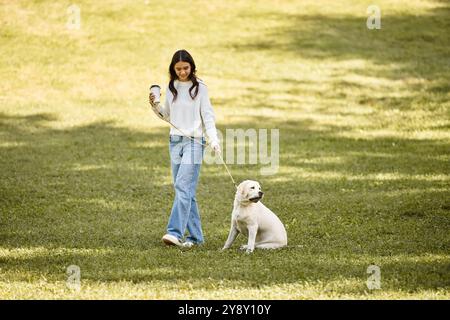 Una bella donna con un abbigliamento caldo porta il suo cane in un parco soleggiato in una croccante giornata autunnale. Foto Stock