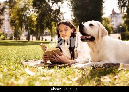 Una giovane donna ama trascorrere una giornata tranquilla leggendo in un parco, accompagnata dal suo cane amichevole su una coperta. Foto Stock