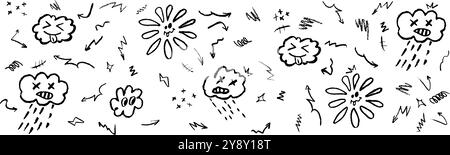 Motivo monocromatico con pastello di cera che disegna nuvole piovose, nube di lingua sporgente e fiori e sole divertenti. Bambini che disegnano squiggle, frecce, stelle Illustrazione Vettoriale