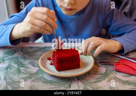 Il bambino al bar mangia una deliziosa torta Bordeaux con cucchiaio. Primo piano. Una persona irriconoscibile. Foto Stock