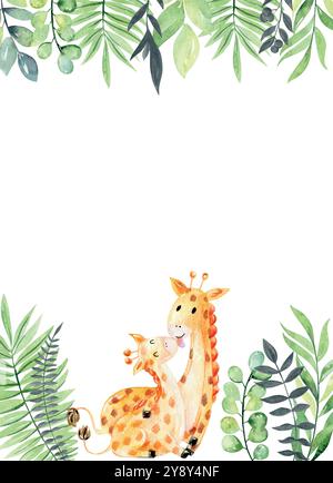 Carte Vector Baby Shower. Acquerello giraffa mamma e bambino Illustrazione Vettoriale