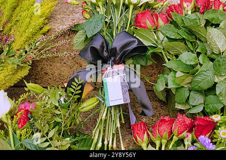 Glasgow, Scozia, Regno Unito. 7 ottobre 2024. Un tributo floreale per la palestina lasciato alle scale della sala da concerto reale e fu associato a un concerto. Credit Gerard Ferry/Alamy Live News Foto Stock