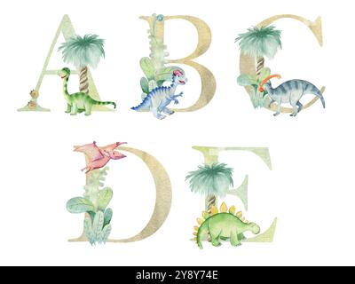 Lettere vettoriali di dinosauri acquerelli per la carta d'invito, poster per vivaio e altro ancora. Illustrazione Vettoriale