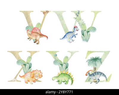 Lettere vettoriali di dinosauri acquerelli per la carta d'invito, poster per vivaio e altro ancora. Illustrazione Vettoriale