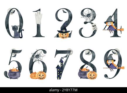 Numeri vettoriali di halloween ad acquerello per inviti, biglietti di auguri, compleanno, logo, poster, ecc.. Illustrazione Vettoriale